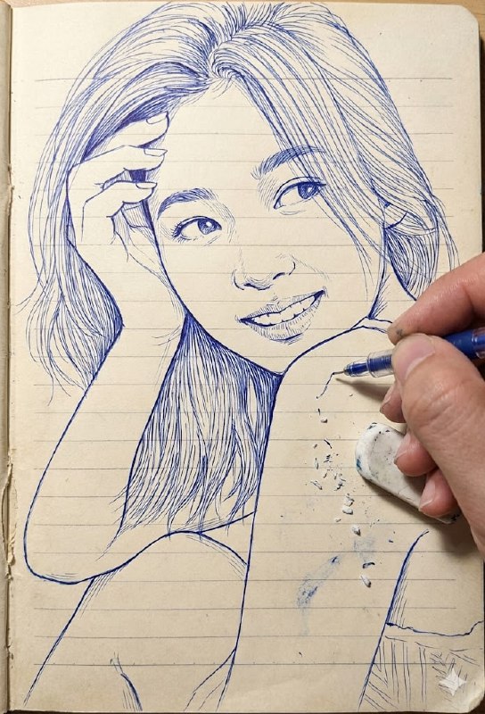 Gemini图片转手绘提示词：创建与上传图像完全相同的线稿使用蓝白色调细腻线条背景为笔记本风格展示右手持笔和橡皮Gemini图片转手绘提示词：创建与上传图像完全相同的线稿使用蓝白色调细腻线条背景为笔记本风格展示右手持笔和橡皮